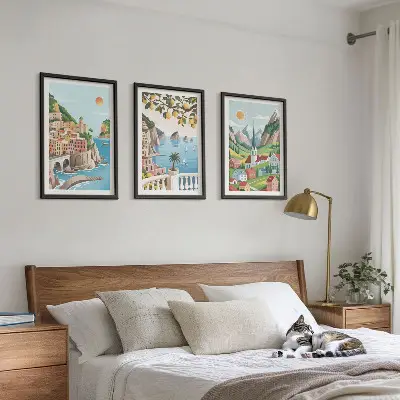 Bilder-3er-Set mit Rahmen mit Motiven von Landschaften, Meer und Zitrusfrüchten