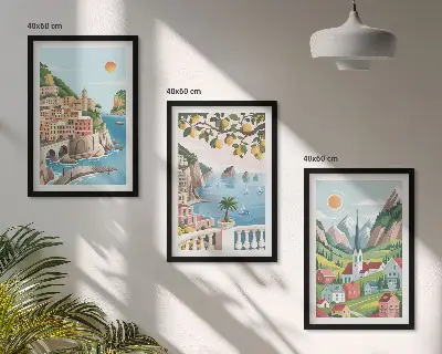 Bilder-3er-Set mit Rahmen mit Motiven von Landschaften, Meer und Zitrusfrüchten