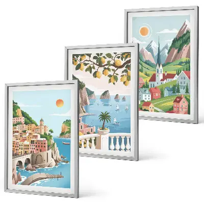 Bilder-3er-Set mit Rahmen mit Motiven von Landschaften, Meer und Zitrusfrüchten