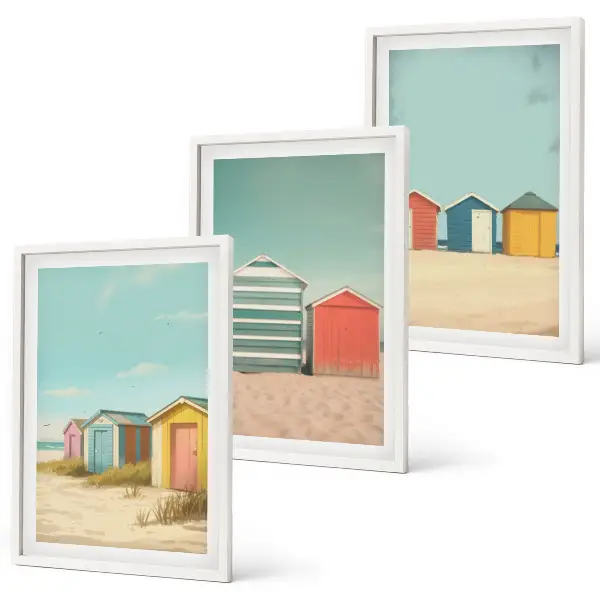 Bilder-3er-Set mit Rahmen bunte Häuser mit Strand und Sonne