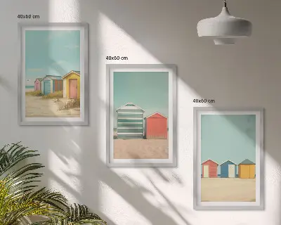 Bilder-3er-Set mit Rahmen bunte Häuser mit Strand und Sonne