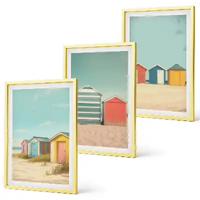 Bilder-3er-Set mit Rahmen bunte Häuser mit Strand und Sonne