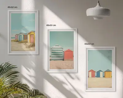Bilder-3er-Set mit Rahmen bunte Häuser mit Strand und Sonne