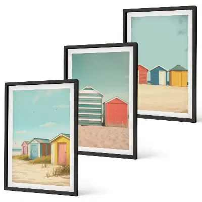 Bilder-3er-Set mit Rahmen bunte Häuser mit Strand und Sonne