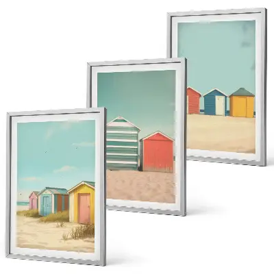 Bilder-3er-Set mit Rahmen bunte Häuser mit Strand und Sonne