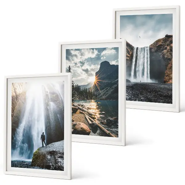 Wandbilder-3er-Set mit Rahmen mit Motiven von Wasserfällen, Bergen und Naturlandschaften