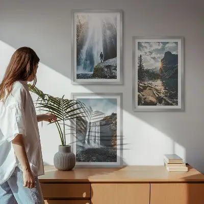 Wandbilder-3er-Set mit Rahmen mit Motiven von Wasserfällen, Bergen und Naturlandschaften