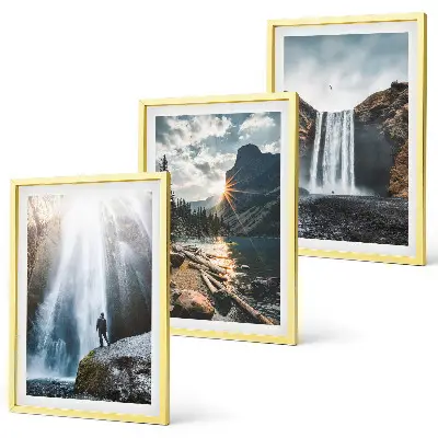 Wandbilder-3er-Set mit Rahmen mit Motiven von Wasserfällen, Bergen und Naturlandschaften