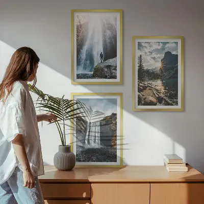 Wandbilder-3er-Set mit Rahmen mit Motiven von Wasserfällen, Bergen und Naturlandschaften