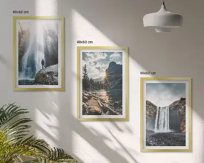 Wandbilder-3er-Set mit Rahmen mit Motiven von Wasserfällen, Bergen und Naturlandschaften