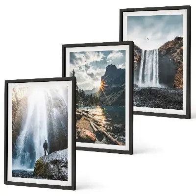 Wandbilder-3er-Set mit Rahmen mit Motiven von Wasserfällen, Bergen und Naturlandschaften