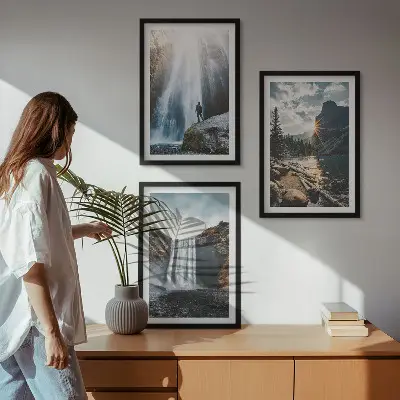 Wandbilder-3er-Set mit Rahmen mit Motiven von Wasserfällen, Bergen und Naturlandschaften