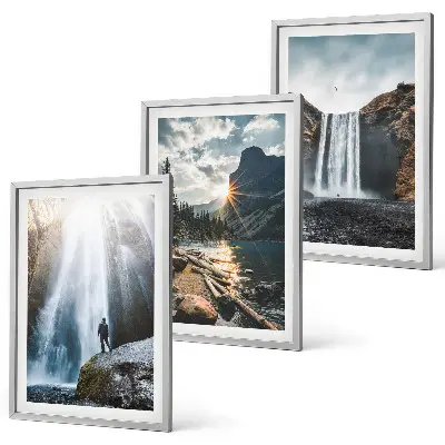 Wandbilder-3er-Set mit Rahmen mit Motiven von Wasserfällen, Bergen und Naturlandschaften