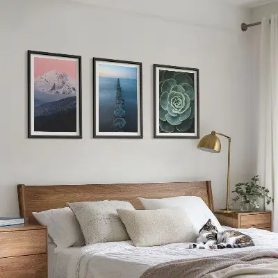 Gerahmtes Bilderset mit Bergen, rosa Himmel, Wasser und Sukkulenten