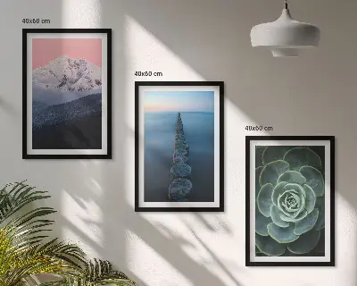 Gerahmtes Bilderset mit Bergen, rosa Himmel, Wasser und Sukkulenten