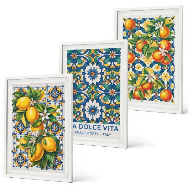 Abstraktes Wandbild im 3er-Set mit zitrusfarbenem Design und Rahmen
