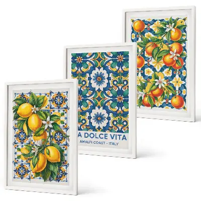 Abstraktes Wandbild im 3er-Set mit zitrusfarbenem Design und Rahmen