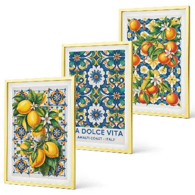 Abstraktes Wandbild im 3er-Set mit zitrusfarbenem Design und Rahmen