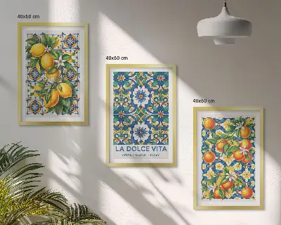 Abstraktes Wandbild im 3er-Set mit zitrusfarbenem Design und Rahmen