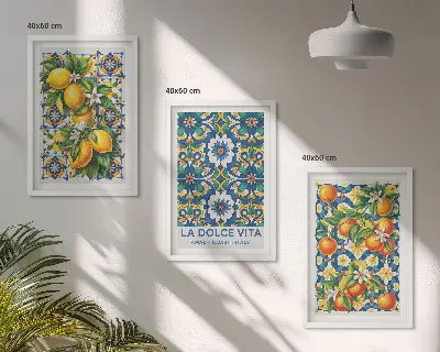 Abstraktes Wandbild im 3er-Set mit zitrusfarbenem Design und Rahmen