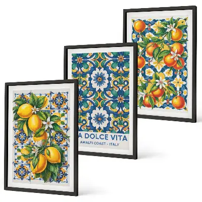 Abstraktes Wandbild im 3er-Set mit zitrusfarbenem Design und Rahmen