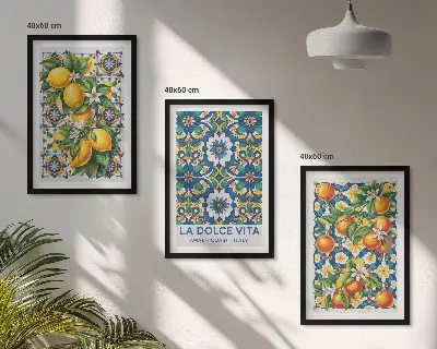 Abstraktes Wandbild im 3er-Set mit zitrusfarbenem Design und Rahmen