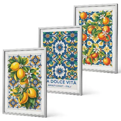 Abstraktes Wandbild im 3er-Set mit zitrusfarbenem Design und Rahmen