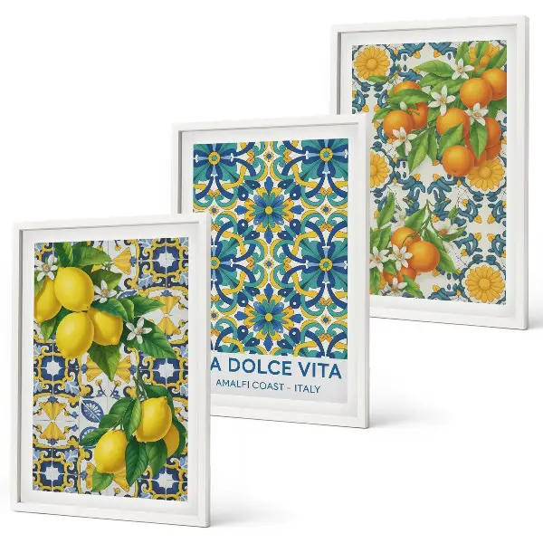 Gerahmtes Bilderset mit Zitronen, Orangen und Blumen aus Italien