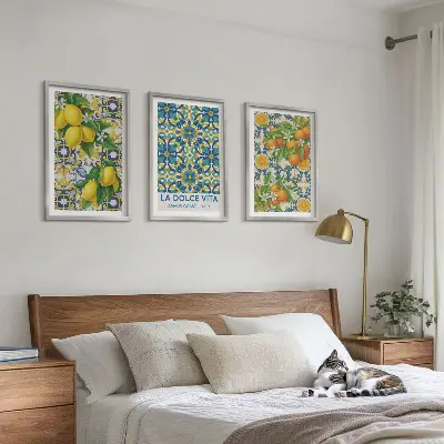 Gerahmtes Bilderset mit Zitronen, Orangen und Blumen aus Italien