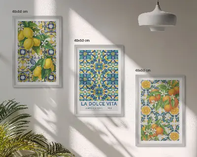 Gerahmtes Bilderset mit Zitronen, Orangen und Blumen aus Italien