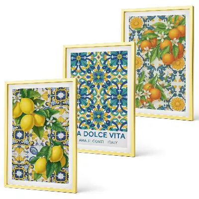 Gerahmtes Bilderset mit Zitronen, Orangen und Blumen aus Italien