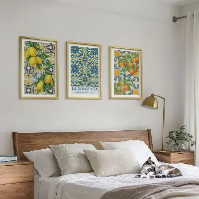 Gerahmtes Bilderset mit Zitronen, Orangen und Blumen aus Italien