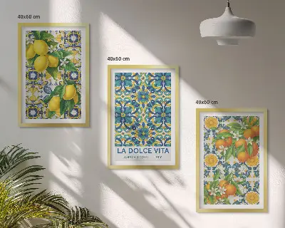 Gerahmtes Bilderset mit Zitronen, Orangen und Blumen aus Italien