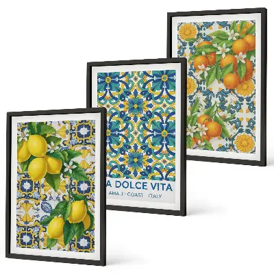 Gerahmtes Bilderset mit Zitronen, Orangen und Blumen aus Italien