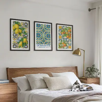 Gerahmtes Bilderset mit Zitronen, Orangen und Blumen aus Italien