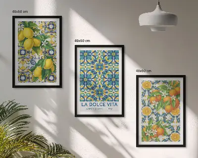Gerahmtes Bilderset mit Zitronen, Orangen und Blumen aus Italien