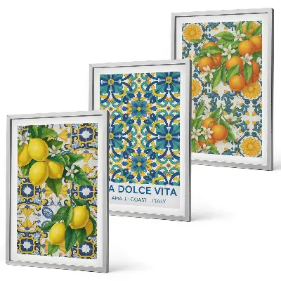 Gerahmtes Bilderset mit Zitronen, Orangen und Blumen aus Italien