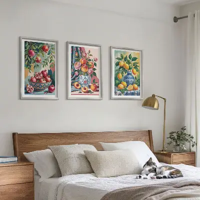 Blumen und Früchte in Vasen Bilder-3er-Set mit Rahmen