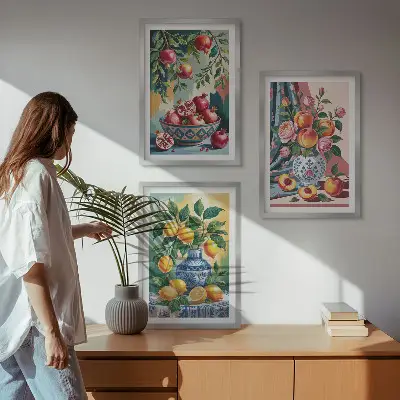 Blumen und Früchte in Vasen Bilder-3er-Set mit Rahmen