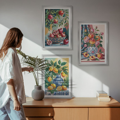 Bilder-3er-set mit rahmen Blumen und Früchte in Vasen