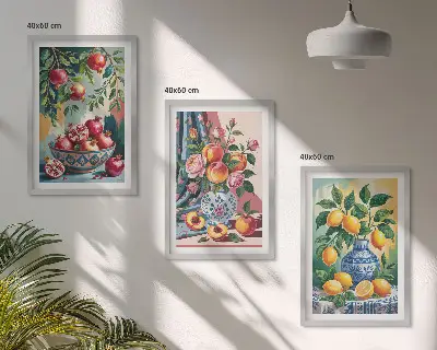 Blumen und Früchte in Vasen Bilder-3er-Set mit Rahmen
