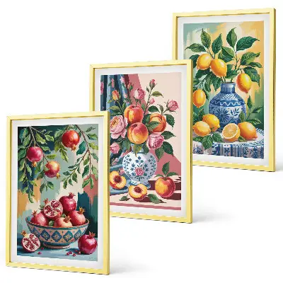 Blumen und Früchte in Vasen Bilder-3er-Set mit Rahmen