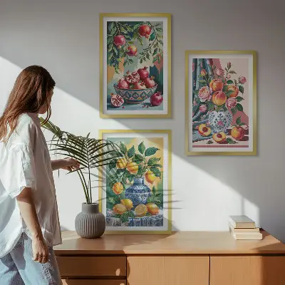 Blumen und Früchte in Vasen Bilder-3er-Set mit Rahmen