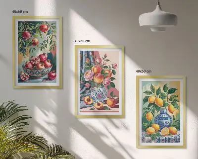 Blumen und Früchte in Vasen Bilder-3er-Set mit Rahmen