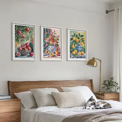 Blumen und Früchte in Vasen Bilder-3er-Set mit Rahmen