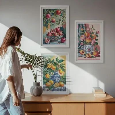 Blumen und Früchte in Vasen Bilder-3er-Set mit Rahmen