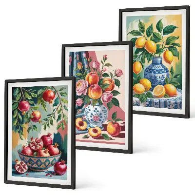 Blumen und Früchte in Vasen Bilder-3er-Set mit Rahmen