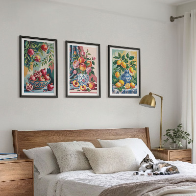 Bilder-3er-set mit rahmen Blumen und Früchte in Vasen