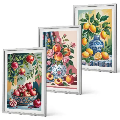 Blumen und Früchte in Vasen Bilder-3er-Set mit Rahmen