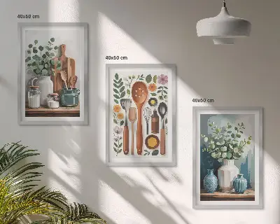 Gerahmtes Bilderset mit Motiven von Küchenaccessoires auf pflanzlicher Basis